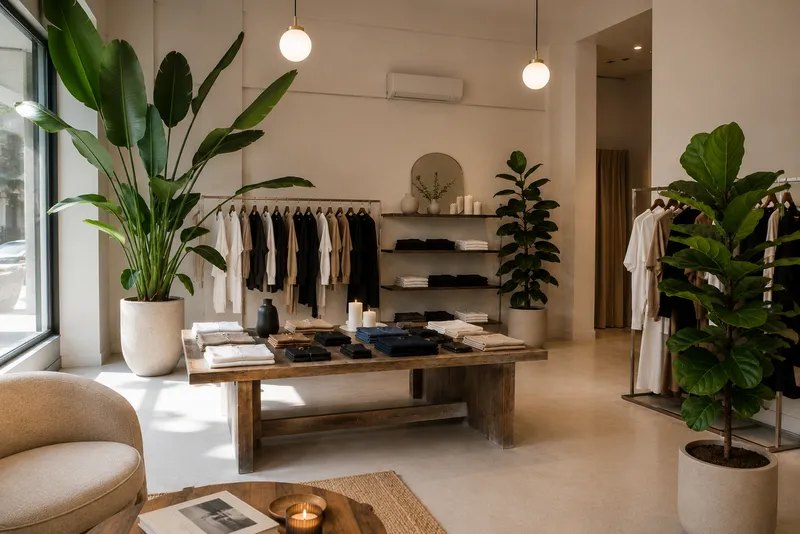 Grosse Topfpflanzen zwischen Kleiderstangen und Holztisch in einer hellen Boutique – dauerhaft gepflegte Geschäftsbegrünung